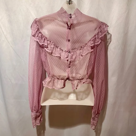 Vintage Victorian Edwardian Style Sheer Lavender Purple Lace Ruffle Blouse Size - Picture 6 of 9